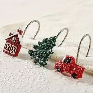 Shower Curtain Hooks Christmas Holiday Cabin Tree Red Truck Set of 12